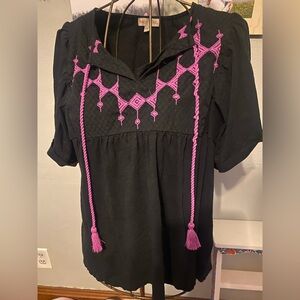 Knox Rose Black Blouse with Pink Embroidery